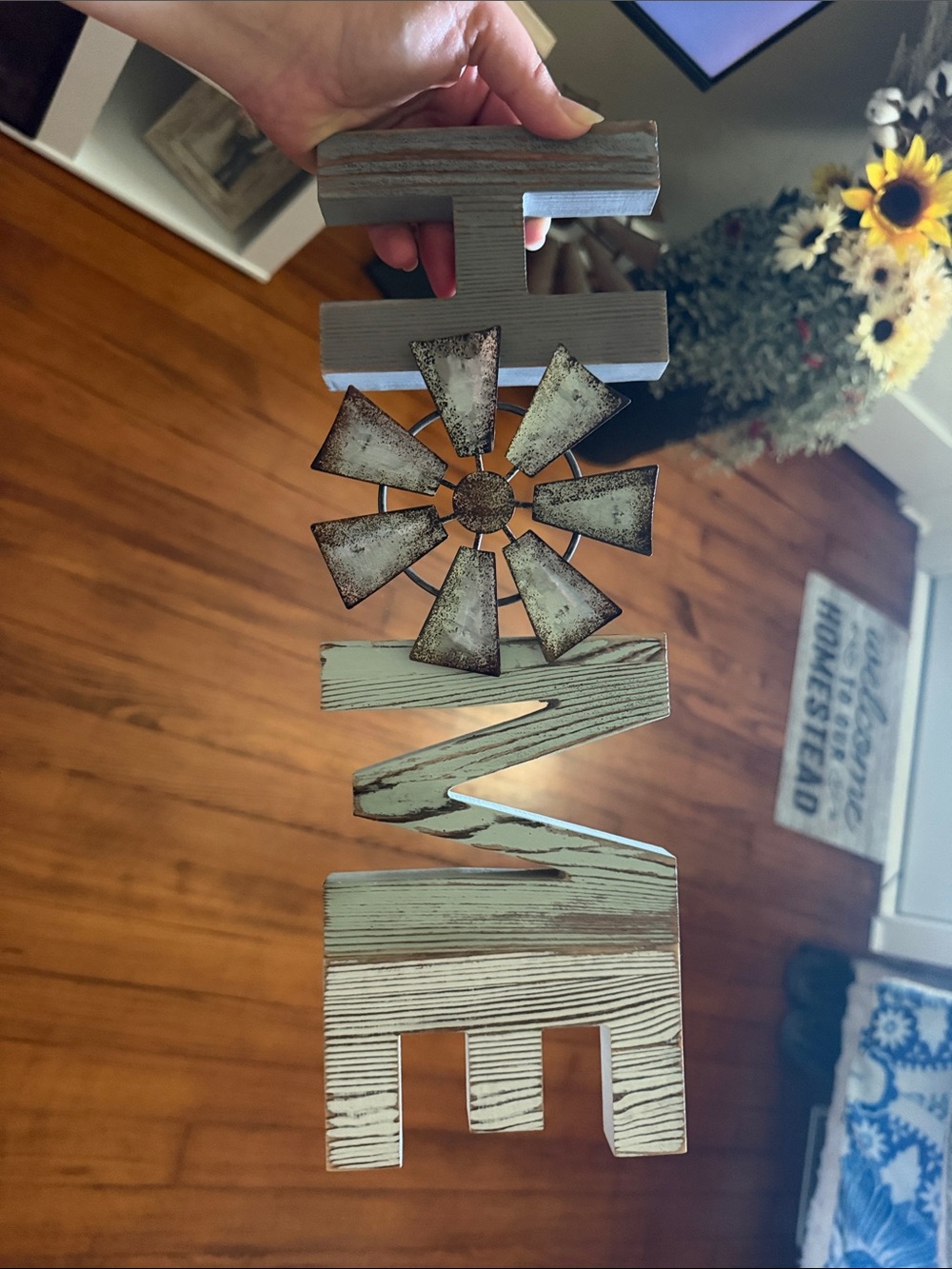 WOODEN 'HOME' TABLE DECOR WITH METAL WINDMILL